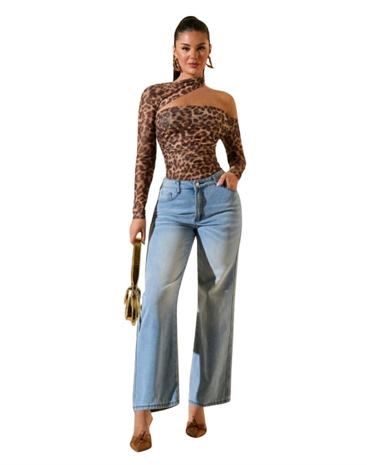 Women Leopard Print Asymmetrical Collar Long Sleeve Elegant Bodysuit