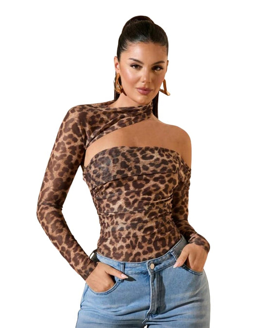 Women Leopard Print Asymmetrical Collar Long Sleeve Elegant Bodysuit