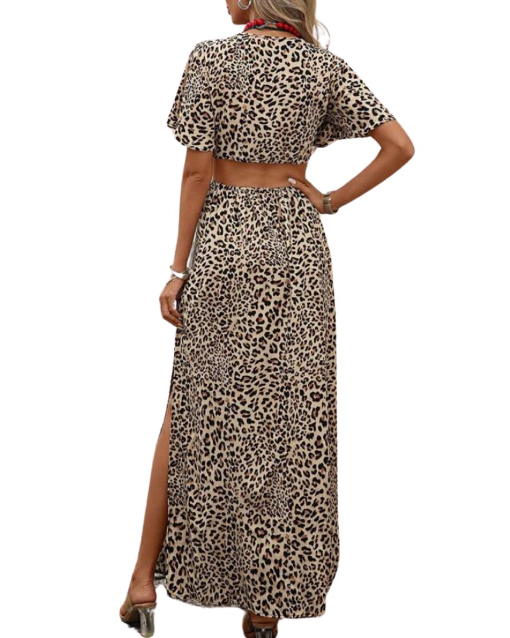 Leopard Print Hollow-Out Waist Long Dress