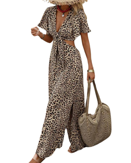 Leopard Print Hollow-Out Waist Long Dress