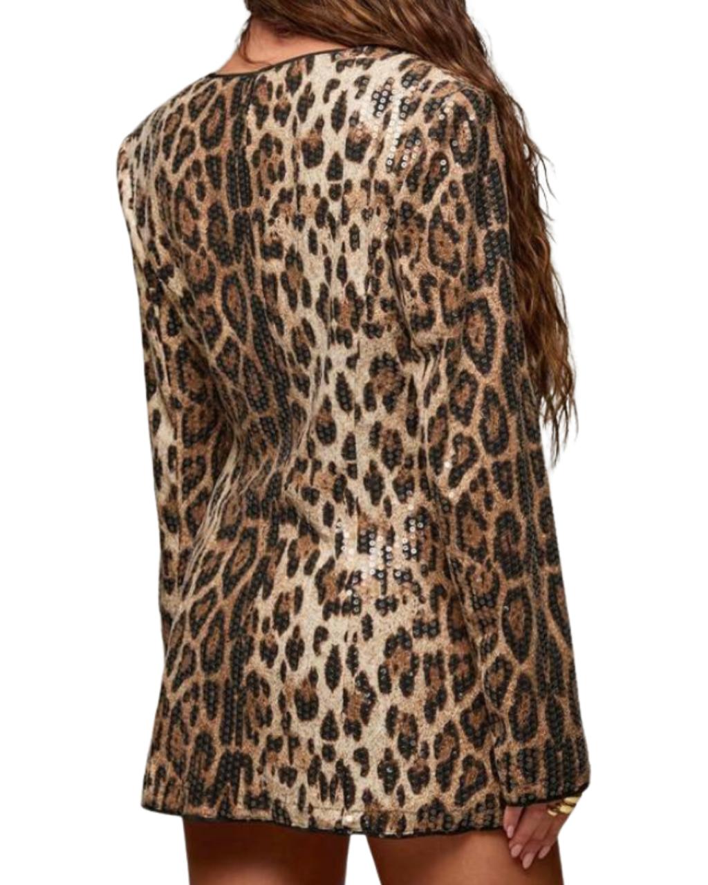 Women Autumn Vintage Leopard Print Sequin Blazer