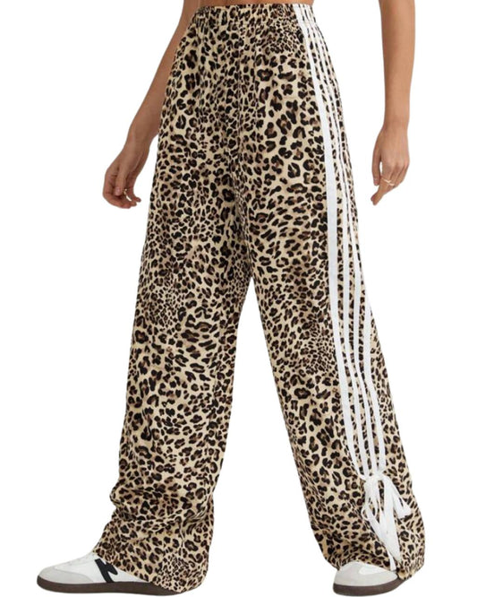 Women Casual Leopard Print Side Bowknot Pants