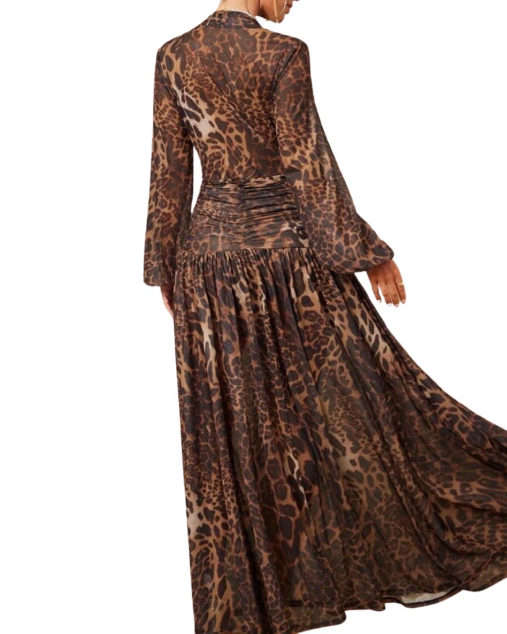 Leopard Print Mesh Sheer Deep V-Neck Puff Sleeve Flowy Tie-Up Dress