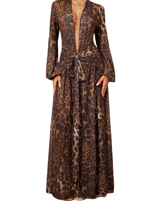 Leopard Print Mesh Sheer Deep V-Neck Puff Sleeve Flowy Tie-Up Dress