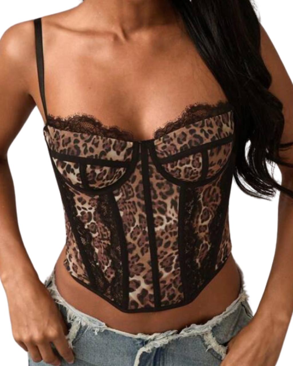 Leopard Print Mesh Lace Trim Camisole Top