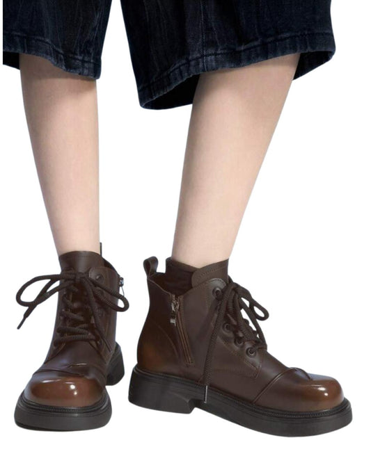 Brown Retro Fashion Comfortable Platform Lace-Up Ankle Boots