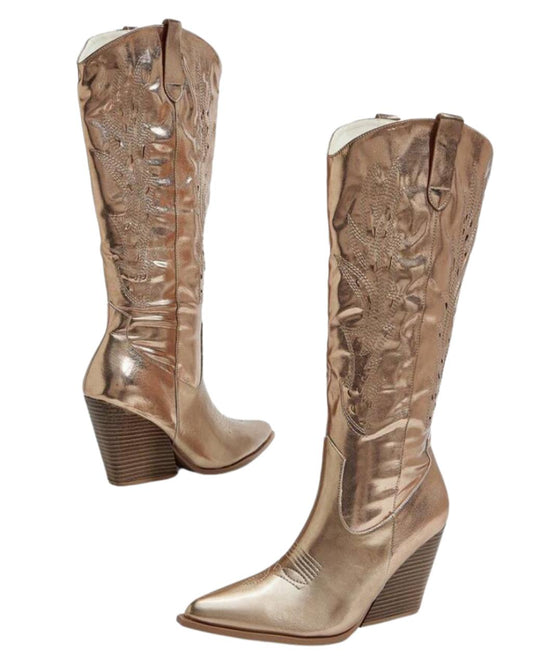 Glossy Side Zipper Design High Heel Western Style Fashion Boots