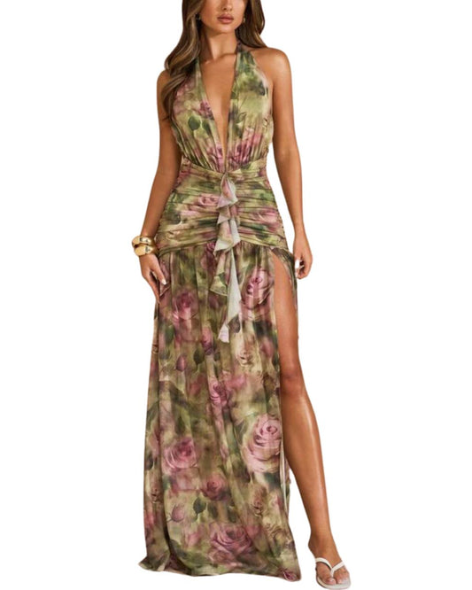 Floral Print Deep V-Neck High Slit Mesh Skirt Maxi Dress