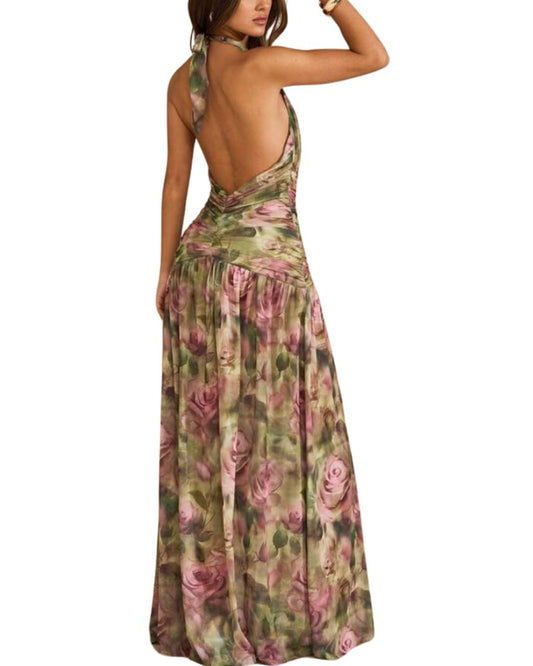 Floral Print Deep V-Neck High Slit Mesh Skirt Maxi Dress