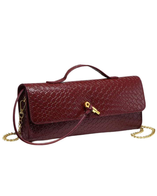 Vintage Minimalist Faux Woven Texture Angola Red Retro Flap Lock Large Capacity Clutch