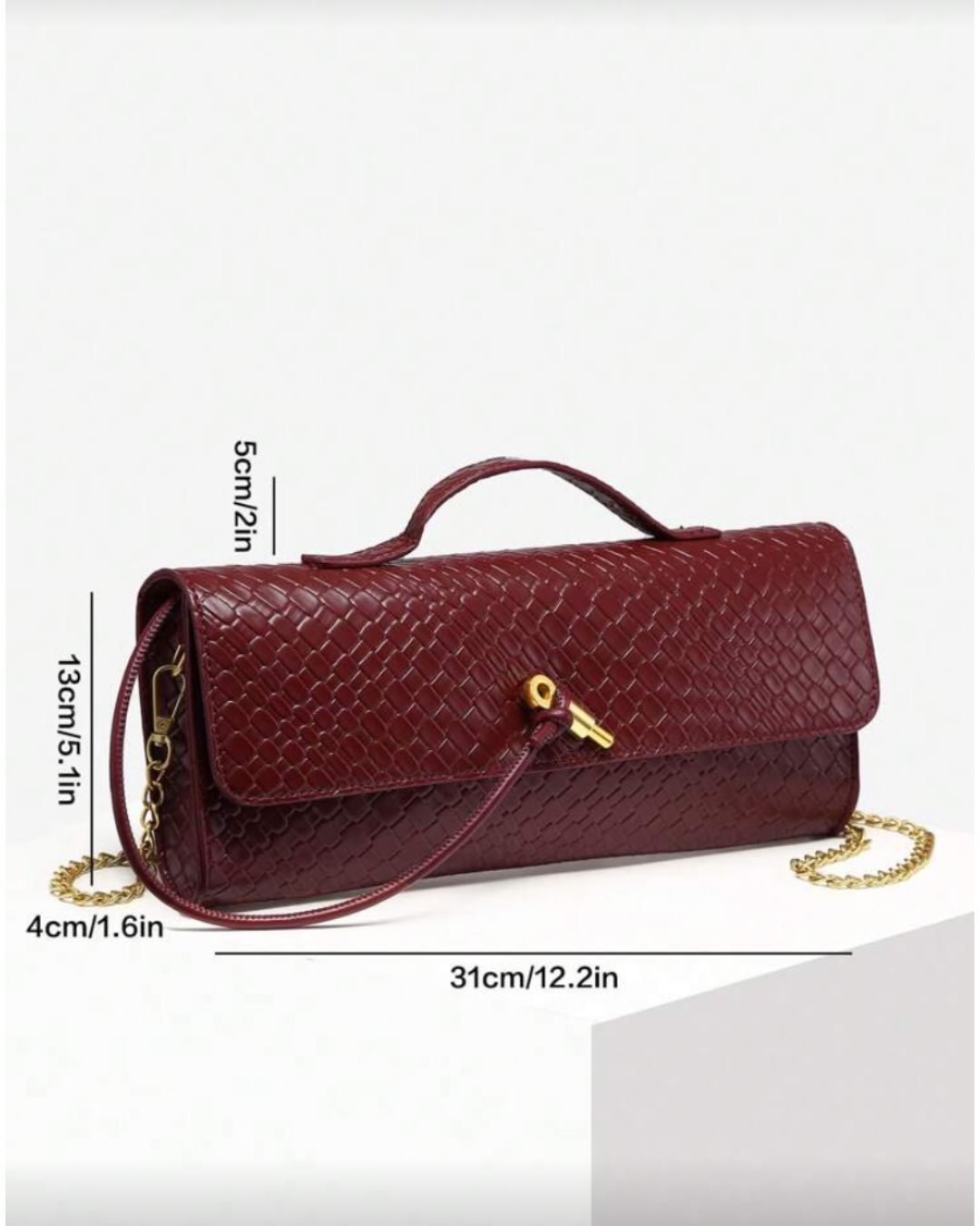 Vintage Minimalist Faux Woven Texture Angola Red Retro Flap Lock Large Capacity Clutch