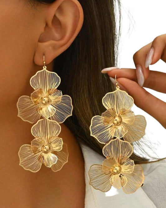 1pair Fashionable Double-Layer Floral Drop Earrings