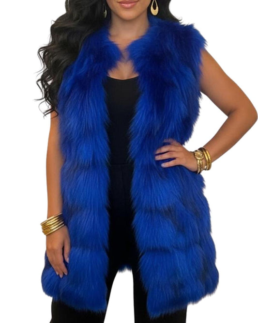 Navy Blue Fluffy Fox Fur Vest