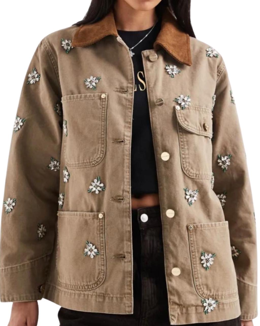AllSaints Bex Floral Embroidered Cord Collar Denim Jacket