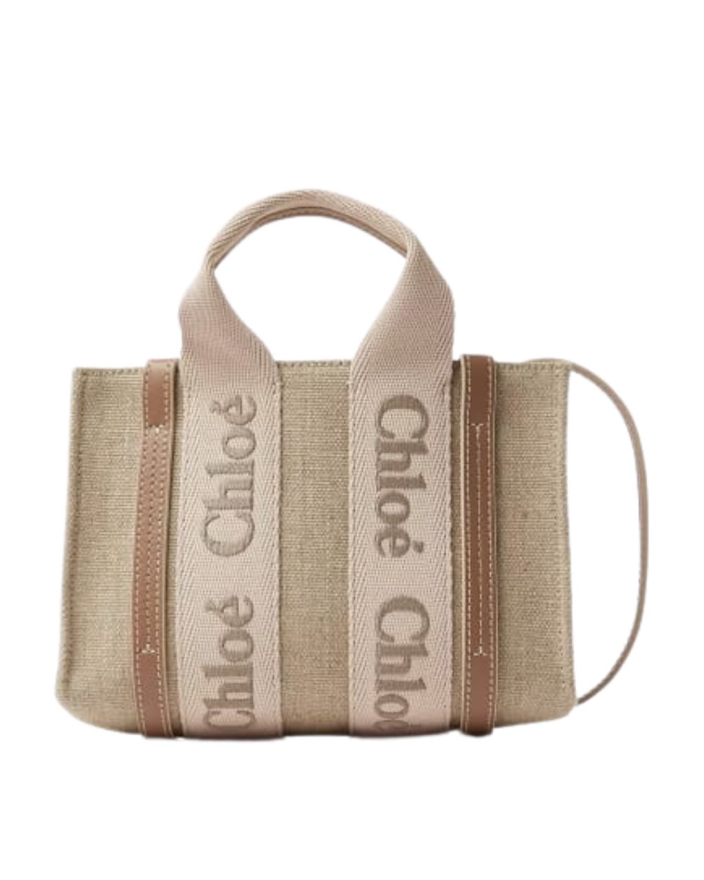 Chloé Woody Mini Tote Bag in Linen Canvas & Calfskin
