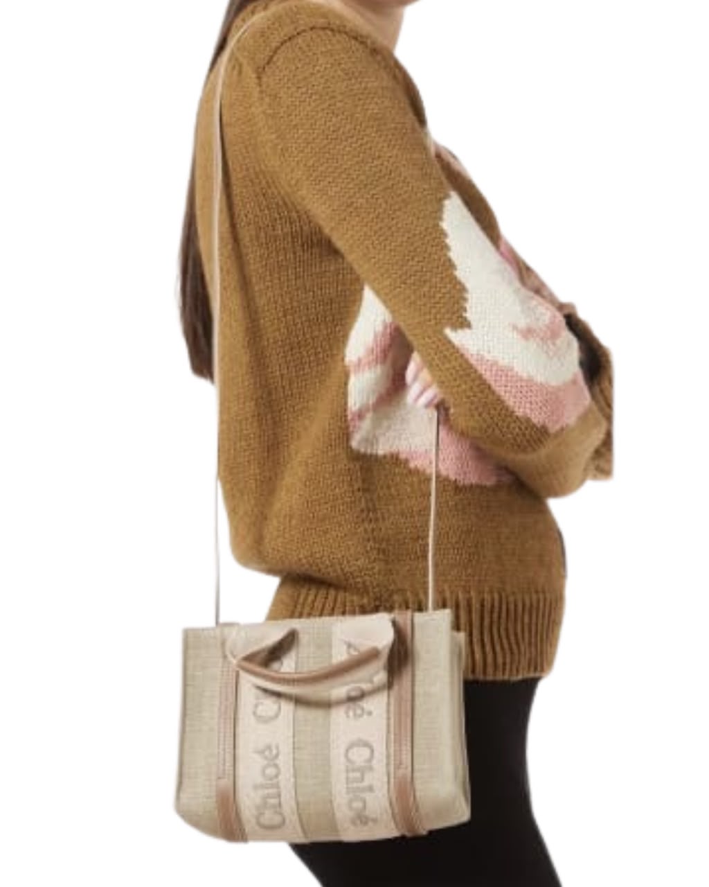 Chloé Woody Mini Tote Bag in Linen Canvas & Calfskin