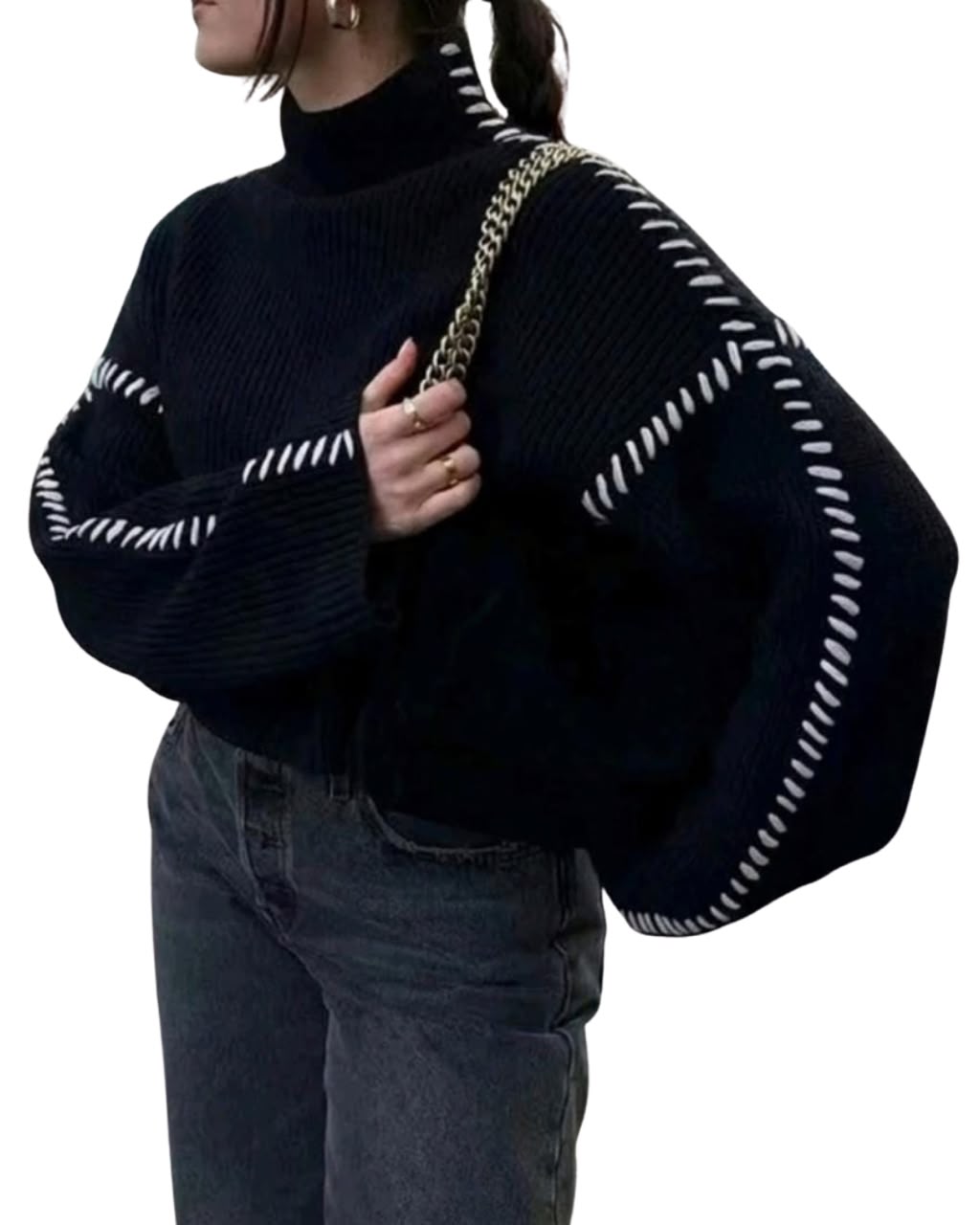 Stitching High Neck Knit Sweater