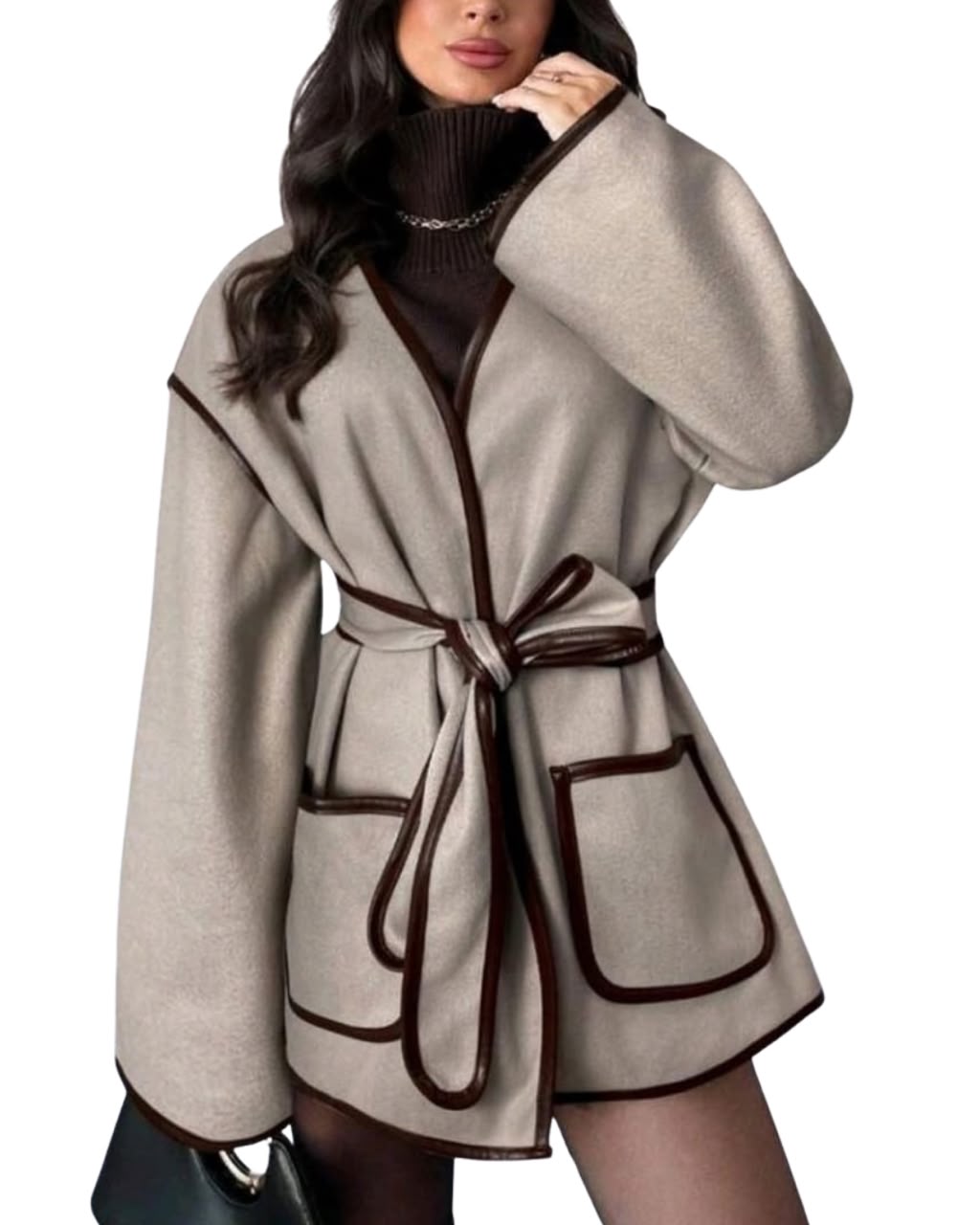 Casual Belted Colorblock Trim Jacket
