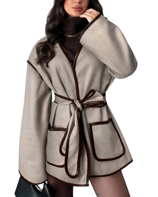 Casual Belted Colorblock Trim Jacket