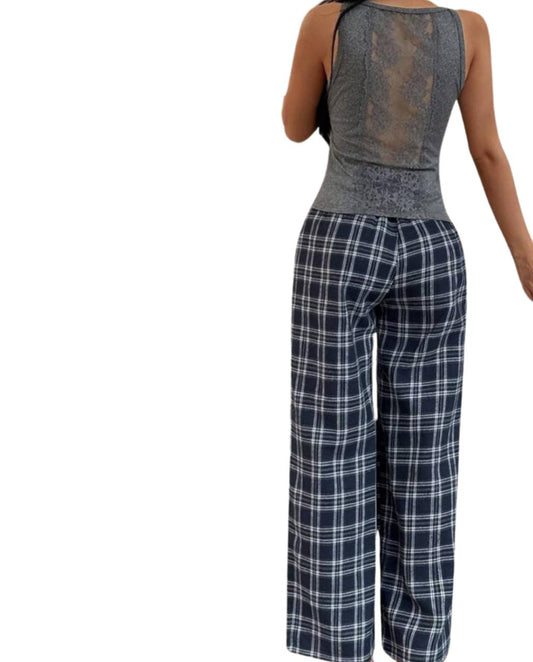 Women's Set Casual Backless Contrast Lace Bodycon Camisole And Plaid Pants Pajamas