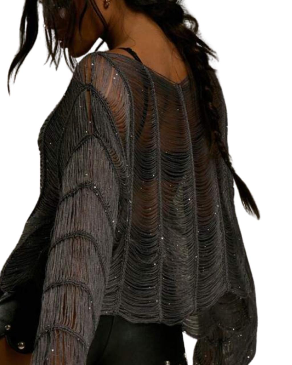 Slash Neck Distressed Fringe Beaded Long Sleeve Top Streetwear