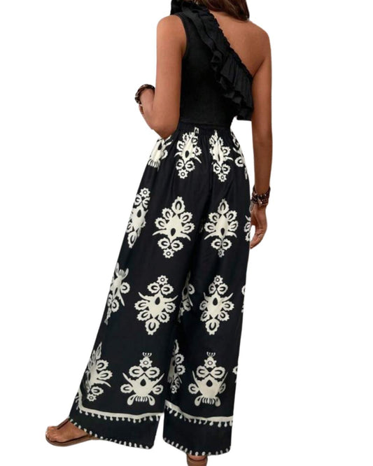 Ruffled One Shoulder Tank Top And Hawaiian Print Wide Leg Pants