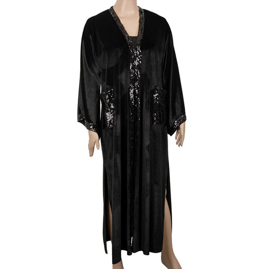 Ola Azzam Brand New Black Sequin Kaftan with Pockets - mymadstore.com